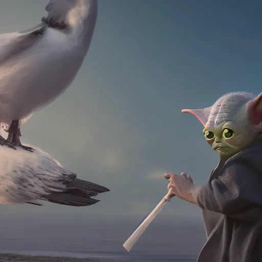 Image similar to Yoda smacking a seagull with a stick, hyperdetailed, artstation, cgsociety, 8k