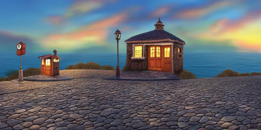 Prompt: epic professional digital art of a lonely cobblestone street with a kiosk on a cliff over the sea at sunset, highly detailed, pixar movie