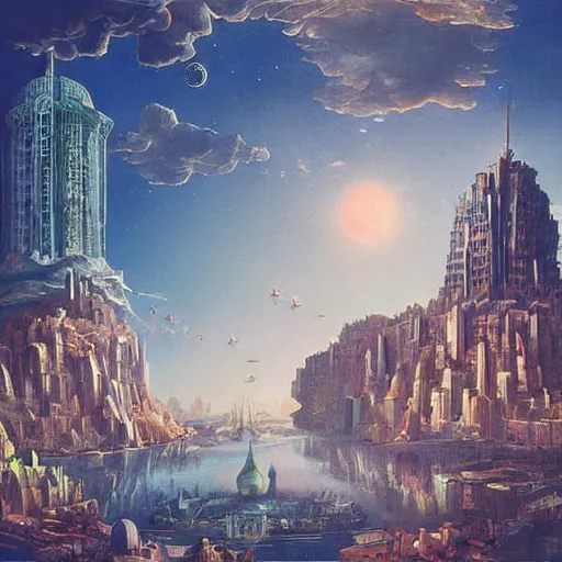 Image similar to Planetary City by Ansel Adams and Bernardo Bellotto, digital painting, chillwave aesthetic!!