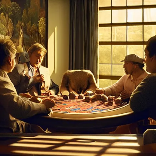 Prompt: still picture of a meeting of squirrels playing poker, dramatic lighting, perfect movie shot, color correction, color theory, macro, by Roger Deakins, by Andrew Thomas Huang