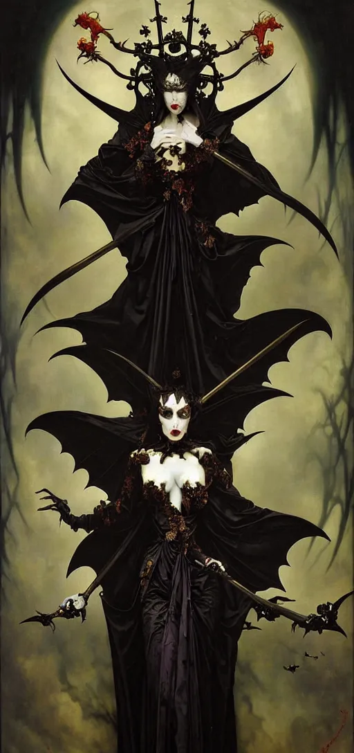 Image similar to baroque oil painting of vampire queen in gothic robes with bat wings, by nekro, peter mohrbacher, alphonse mucha, brian froud, yoshitaka amano, kim keever, victo ngai, james jean