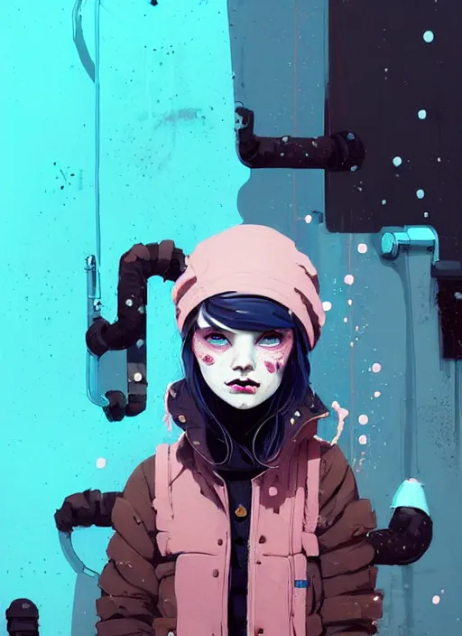 Image similar to highly detailed portrait of a sewer punk lady student, blue eyes, winter jacket, hat, white hair by atey ghailan, by greg rutkowski, by greg tocchini, by james gilleard, by joe fenton, by kaethe butcher, gradient pink, black, brown and light blue color scheme, grunge aesthetic!!! ( ( snowy graffiti tag wall background ) )