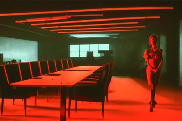 Image similar to a dark conference room, half full, atmospheric and obscure, red neon light, by roger deakins, cinematography, syd mead