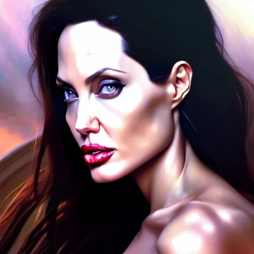 Prompt: beautiful digital painting of angelina jolie background with high detail, 8 k, teen, young, stunning detail, photo by artgerm, greg rutkowski and alphonse mucha, unreal engine 5, 4 k uhd