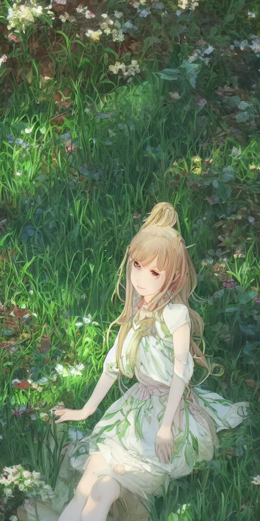 Prompt: a digital art of a loli with long hair in a dress in the privet garden at after noon, green and warm theme, back lighting, by krenz cushart and mucha and akihito yoshida and greg rutkowski and makoto shinkai, extremely long shot, detailed eyes, 4 k resolution, trending on art station