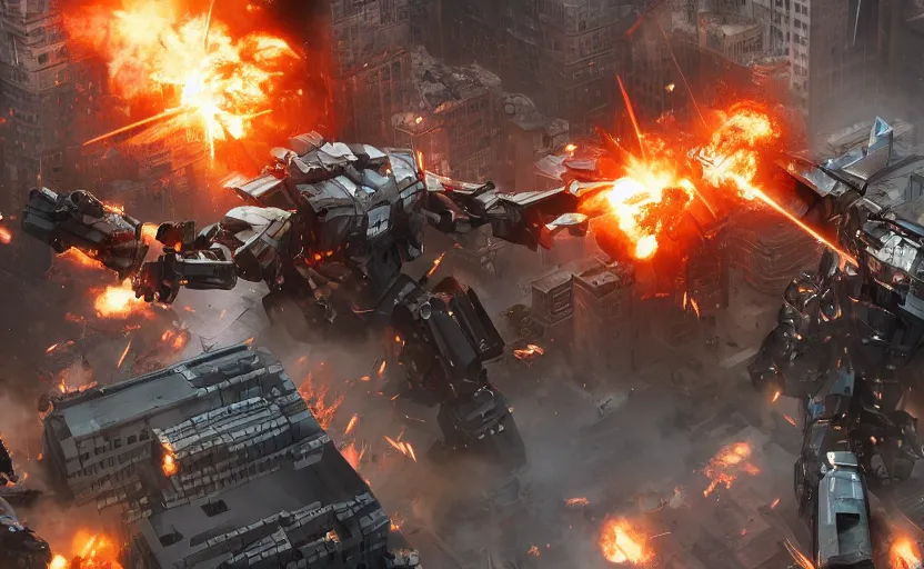 Image similar to an epic fight between two gigantic weaponized mechs in the middle of new york city, epic, cinematic, realistic, raytracing, 4 k, destructive, awesome, stunning