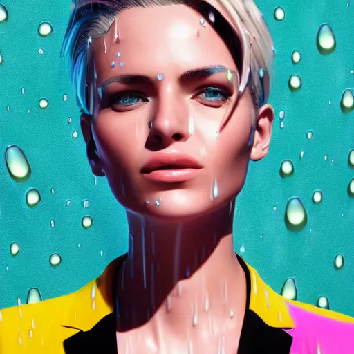 Image similar to stylish woman cartoon portrait made out of rain, pinstripe suit, short blond hair, galactic background, rendered in octane, unreal engine, highly detailed, trending on artstation, realistic, splashes of neon, beautiful