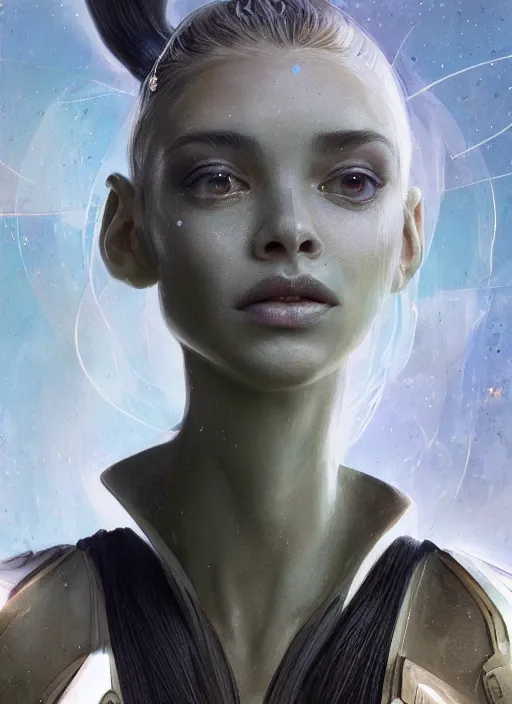 Image similar to a professional painting of a beautiful young female alien, clothed in ethereal armor, olive skin, long dark hair, beautiful bone structure, symmetrical facial features, intricate, elegant, digital painting, concept art, smooth, sharp focus, illustration, from Valerian and the City of a Thousand Planets, by Ruan Jia and Mandy Jurgens and Artgerm and William-Adolphe Bouguerea