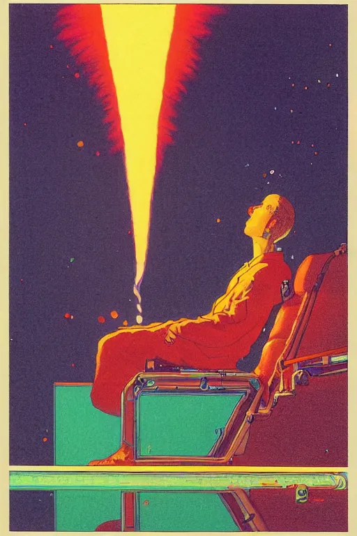 Prompt: a closeup portrait of a man tasting neon fireworks and blotter papers of lsd acid, dreaming psychedelic hallucinations in the vast icy landscape of antarctica, by kawase hasui, moebius and edward hopper, colorful flat surreal design, hd, 8 k, artstation