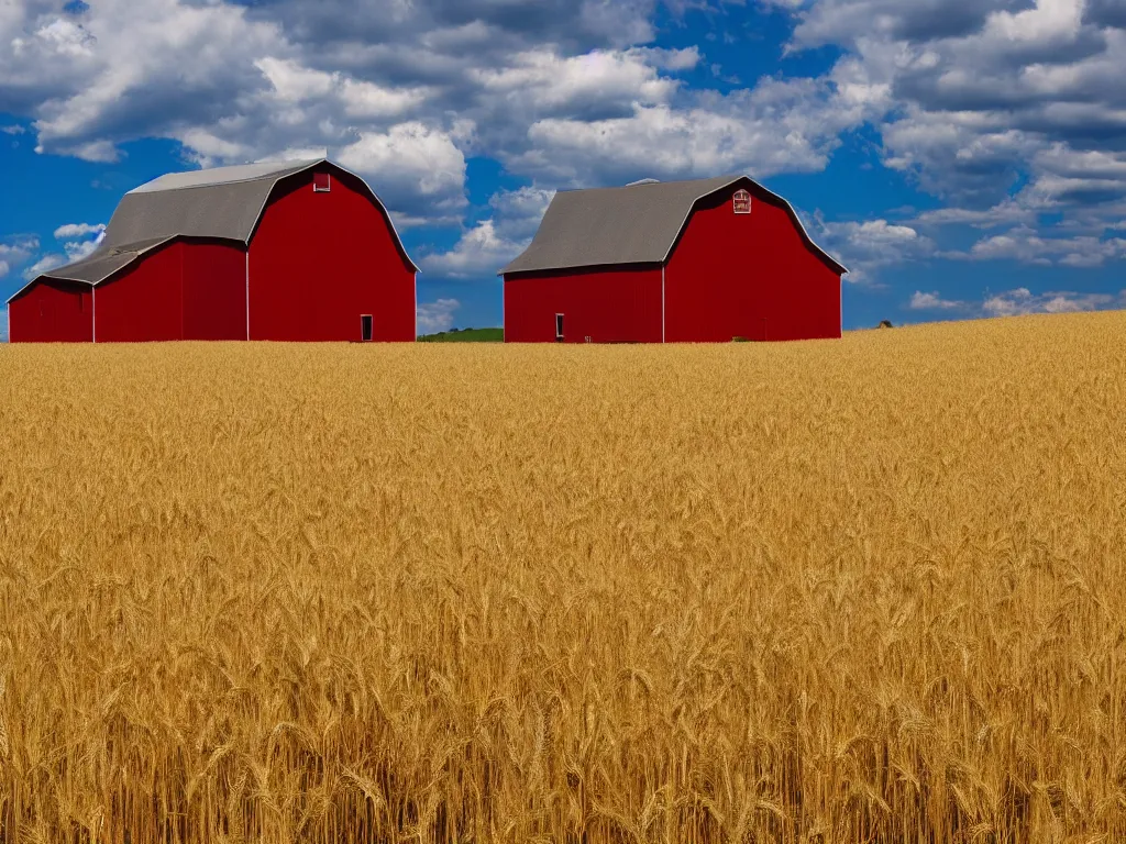 Prompt: A single isolated red barn next to a wheat crop in a lush ravine at noon. Landscape photography, surreal, dreamlike.