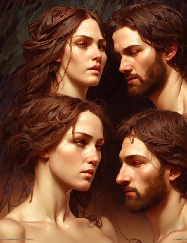 Prompt: portrait of biblical adam and eve, headshot, intricate, highly detailed, digital painting, artstation, concept art, sharp focus, cinematic lighting, illustration, art by artgerm and greg rutkowski, alphonse mucha, cgsociety