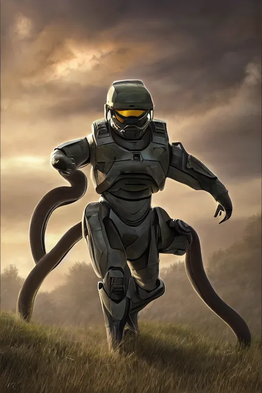 Image similar to arbok pokemon pokemon playing as master chief, oil on canvas, intricate, 8 k highly professionally detailed, hdr, cgsociety