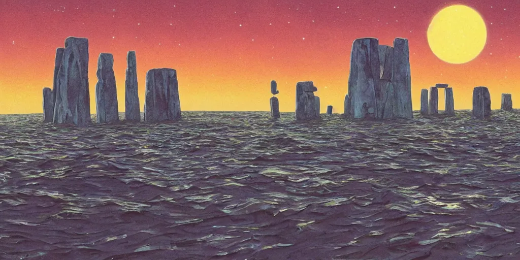 Prompt: a realistic cell - shaded concept art from howl's moving castle ( 2 0 0 4 ) of a multi - colored cube from close encounters of the third kind ( 1 9 7 7 ) over a flooded stonehenge. it is a misty starry night. very dull colors, hd, 4 k, hq