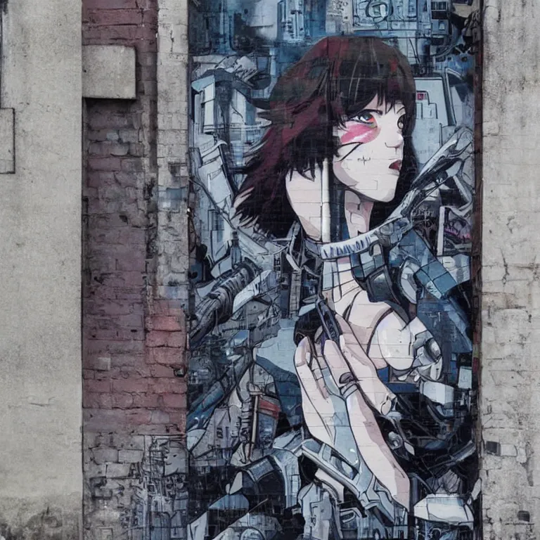 Image similar to Street-art painting of ghost in the shell is style of Banksy, photorealism