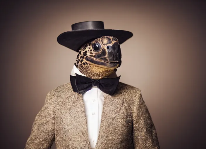 Prompt: photo still of a tortoise wearing a top hat and bowtie, 8 k, studio lighting bright ambient lighting key light, 8 5 mm f 1. 8