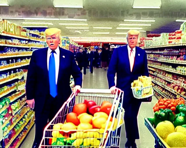 Image similar to joe biden and trump buying groceries. center frame medium shot, shot on technicolor cinemascope 35mm anamorphic lense, flare