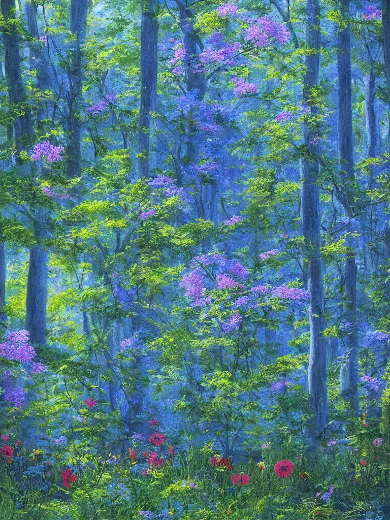 Prompt: forest with flowers blue, Digital Matte Illustration by asher brown durand and james gurney vivid color