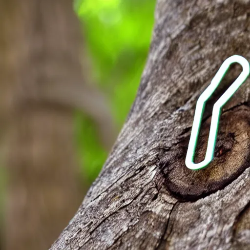 Prompt: office paperclip, 📎, googly 👀, in the woods, photography, depth of field, 4 k resolution