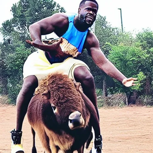 Prompt: kevin hart riding a buffalo through a basketball court with a dress on