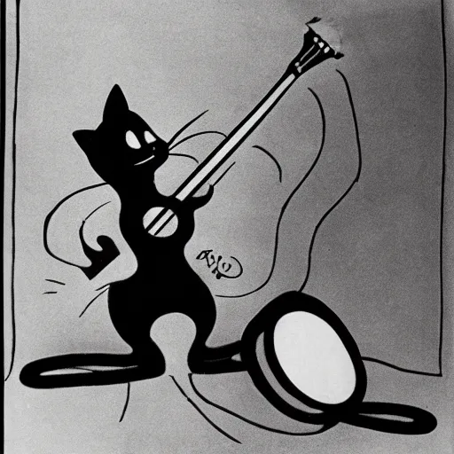 Image similar to cat playing guitar, rubber hose, felix the cat, pie eyes, 1 9 3 0 s, bw