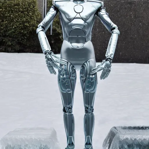 Image similar to made of ice, a realistic detailed photo of a guy who is an attractive humanoid who is half robot and half humanoid, who is a male android, on display, blank stare, showing off his muscles, shiny skin, posing like a statue, by the pool, frozen ice statue, f 1 driver pierre gasly, humanoid robot