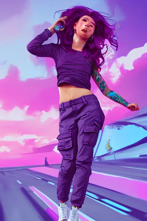 Image similar to a award winning half body porttrait of a beautiful woman in a croptop and cargo pants with ombre purple pink teal hairstyle with head in motion and hair flying, outrun, vaporware, shaded flat illustration, digital art, trending on artstation, highly detailed, fine detail, intricate