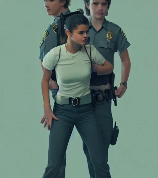 Prompt: still of Selena Gomez being arrested by cops in an episode of stranger things, intricate, elegant, highly detailed, digital photo, artstation, concept art, smooth, sharp focus, illustration,