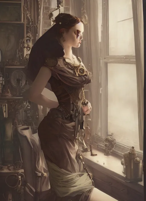Image similar to woman model, steampunk!!!, neutral colors, in a bedroom!!!!!!!!!, backlit, elegant, highly detailed, digital painting, artstation, concept art, smooth, sharp focus, illustration, art by krenz cushart and artem demura and alphonse mucha