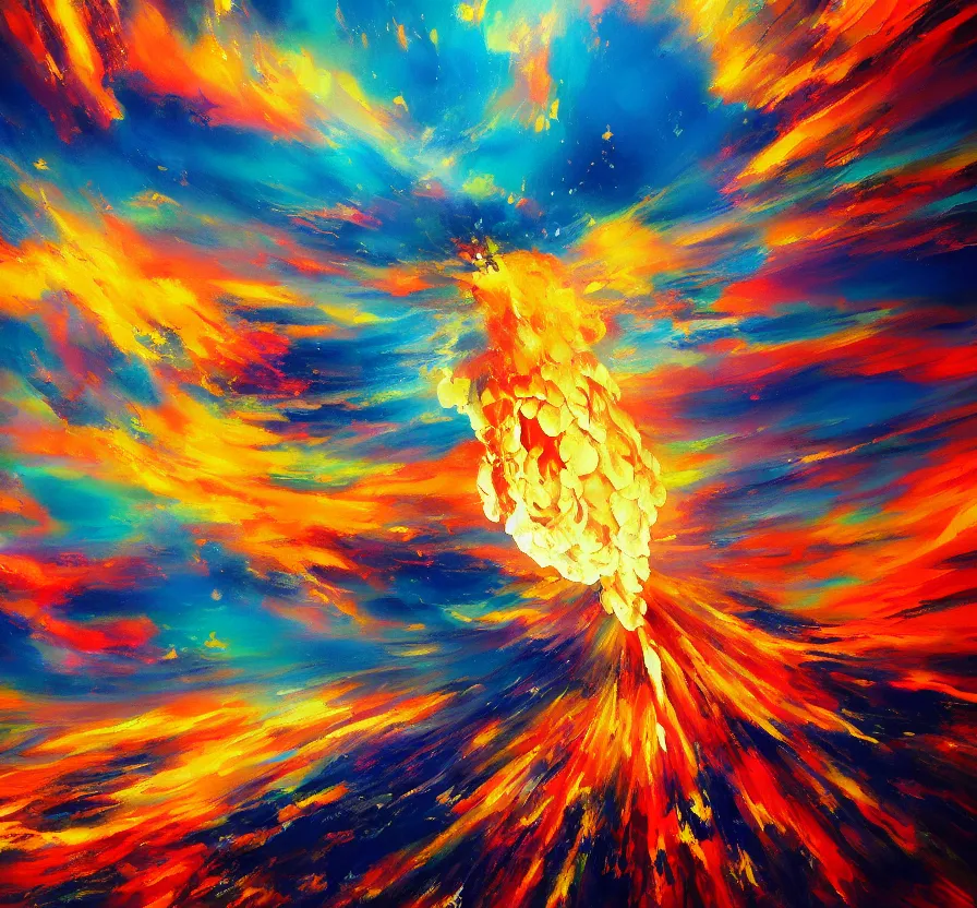 Image similar to nuclear explosion, abstract, acrilic paint, brush paint, heavenly atmosphere, paint, ultra detailed, beautiful image, resolution, artstation