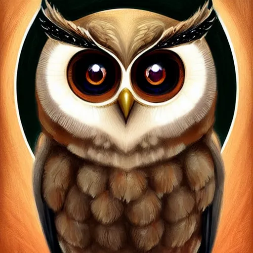 Image similar to Cute portrait of an adorable owl dressed as a magician:: symmetrical face, symmetrical eyes:: in the style of charlie bowater, Disney art:: oil painting::