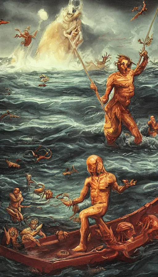 Image similar to man on boat crossing a body of water in hell with creatures in the water, sea of souls, by steve argyle