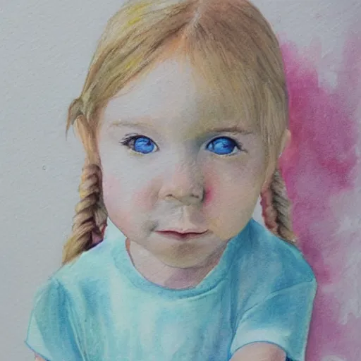 Prompt: 3 year old blonde girl in pigtails looking down at iphone, pencil and watercolor on white by eloise wilkin