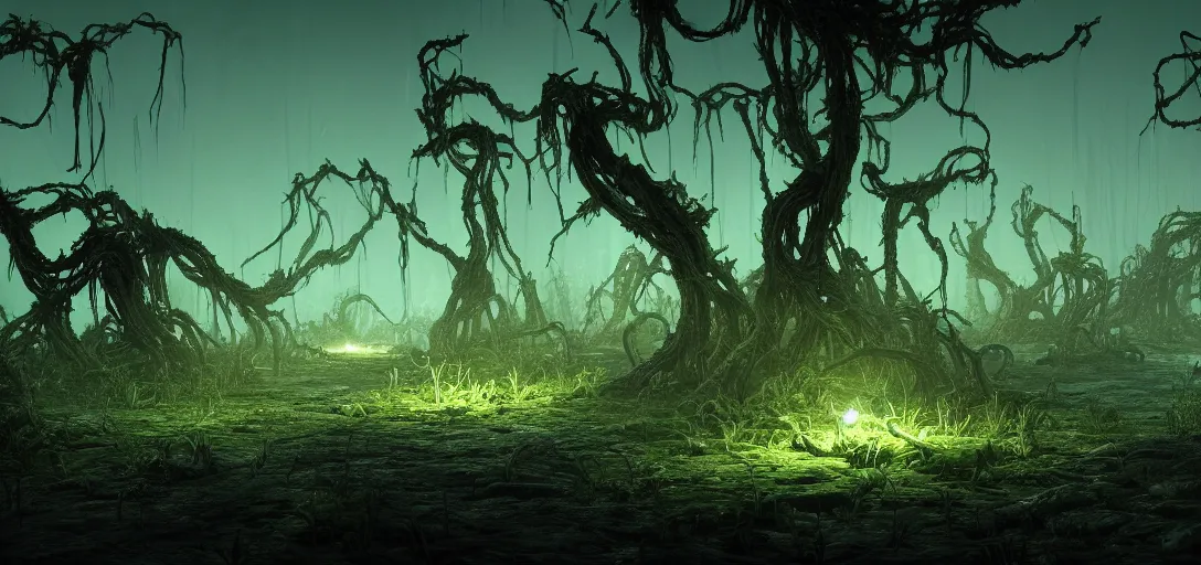 Image similar to dramatic render of dark alien swamp at night, accurate ray tracing, mysterious green glow, twisted withering vines, sharp spiky rocks, ambient occlusion, unreal engine, detailed, artstation, by dylan cole and jordan grimmer