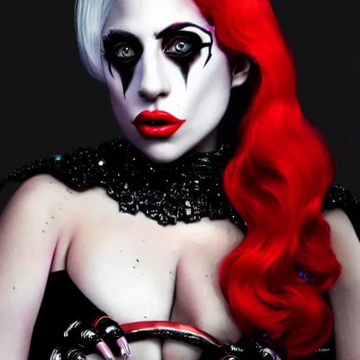 Image similar to detailed 4 k photorealistic lady gaga as harley queen make up and costum in the style of nick ut and eddie adams and margaret bourke and yousuf karshs and alfred eisenstaedt