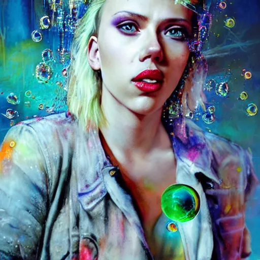 Image similar to scarlett johansson as delirium from sandman, ( hallucinating colorful soap bubbles ), by jeremy mann, by sandra chevrier, by dave mckean and richard avedon and maciej kuciara, punk rock, tank girl, high detailed, 8 k