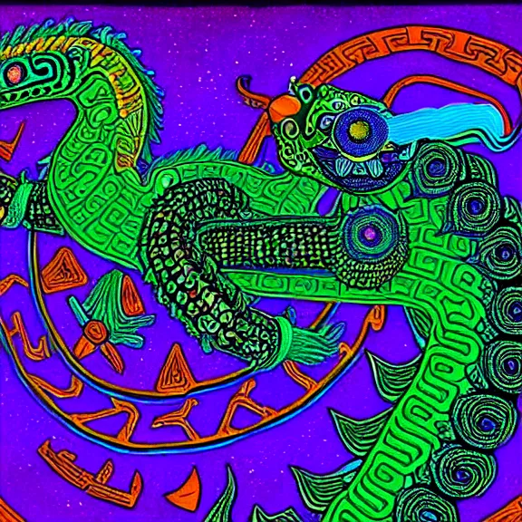 Prompt: A DMT Vision of Bioluminescent Aztec God Quetzalcoatl, the Plumed Serpent
