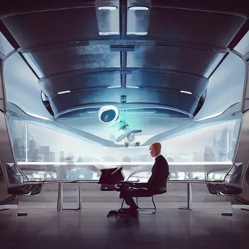 Image similar to “a gorgeous futuristic painting of a tall blond man and a dark haired man, sitting in a busy airport, reading books. They’re wearing monocles. an airplane is taking off in the background. Trending on artstation, rendered in 8k with unreal engine”