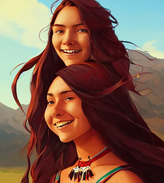 Image similar to in the style of artgerm and Andreas Rocha and Joshua Middleton, beautiful Native American young woman with long hair and red paint strip across eyes, smile on face, Symmetrical eyes symmetrical face, bead necklace, scenic prairie in background sunrise, natural lighting, warm colors