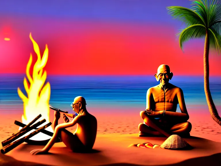 Prompt: gandhi sitting on a beach next to a campfire, holding a cigar, sunset, parrots, coconuts, palm trees, glorious lighting, epic environment, highly detailed, digital art, hyper realistic, beautiful, 8 k, trending on deviantart