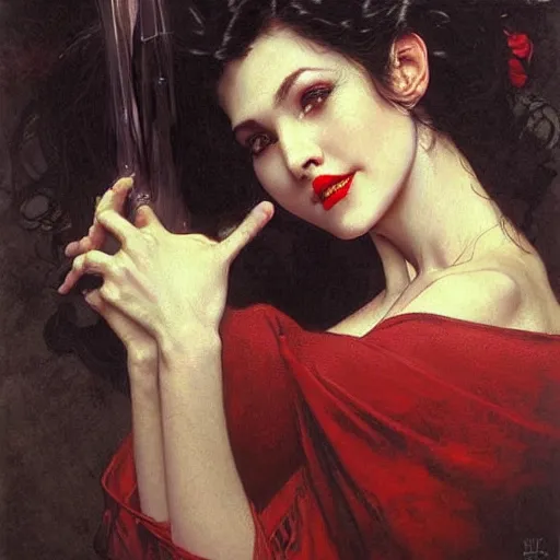 Image similar to portrait of a very beautiful vampire by Stanley Artgerm Lau , greg rutkowski, thomas kindkade, alphonse mucha, loish, norman rockwell, J. C. Leyendecker. dark black hair, pale skin, detailed eyes, red lips, cracks around the eyes and mouth. Trending on artstation rule of thirds extremely detailed 1800s oil painting hd 4k