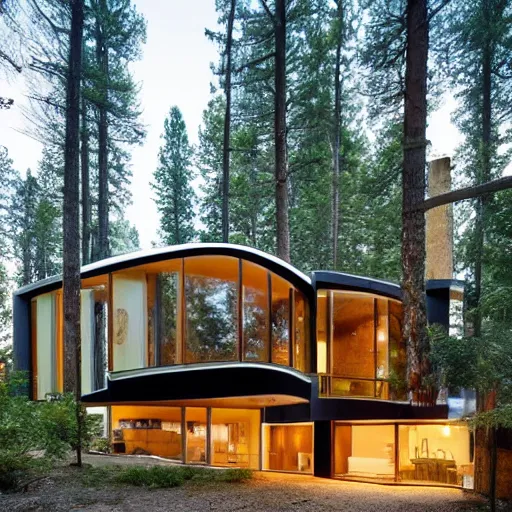 Prompt: a modern house in the woods, surrounded by pine trees. the house is the shape of a mobius strip with large picture windows.
