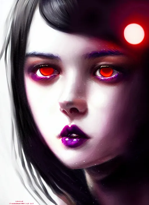 Prompt: portrait of teenage girl, red irises, red eyes, black hair, white bangs, purple lipstick, white bangs, bangs, black hair and white bangs, intricate, elegant, glowing lights, highly detailed, digital painting, artstation, concept art, smooth, sharp focus, illustration, art by wlop, mars ravelo and greg rutkowski