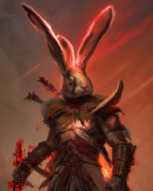 Image similar to Rabbit Berserker, rage, maniac, war paint, red, Khorne, magic the gathering artwork, D&D, fantasy, cinematic lighting, centered, symmetrical, highly detailed, digital painting, artstation, concept art, smooth, sharp focus, illustration, volumetric lighting, epic Composition, 8k, art by Akihiko Yoshida and Greg Rutkowski and Craig Mullins, oil painting, cgsociety