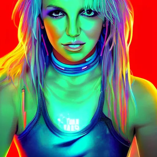 Image similar to a digital painting of britney spears in the rain with blue hair, cute - fine - face, pretty face, cyberpunk art by sim sa - jeong, cgsociety, synchromism, detailed painting, glowing neon, digital illustration, perfect face, extremely fine details, realistic shaded lighting, dynamic colorful background