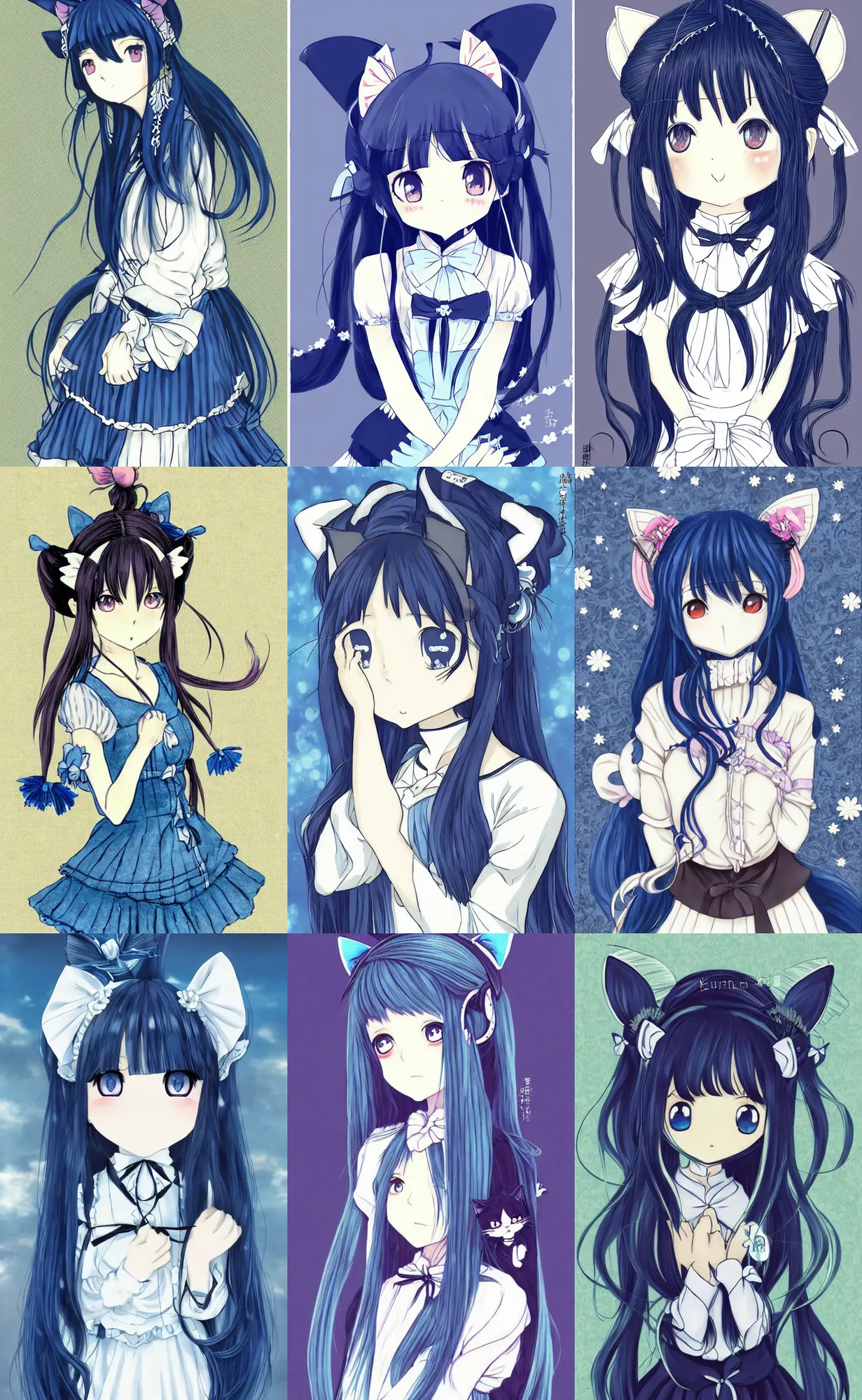 Prompt: Japanese manga style, adorable victorian maid anime girl with long hair and cat ears on top of head, blue tones, by Kurahana Chinatsu