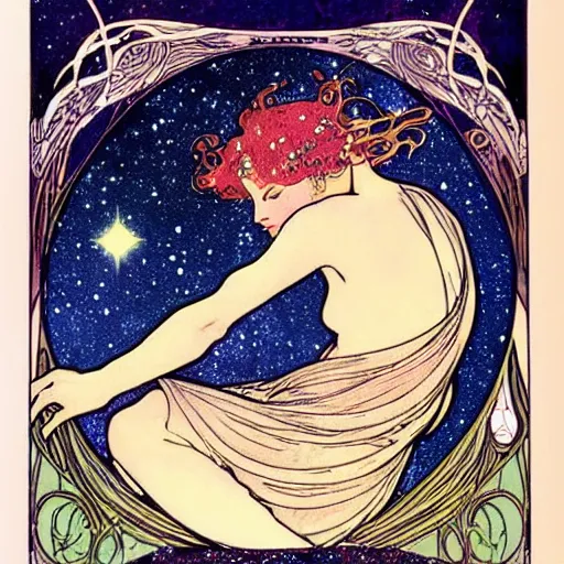 Image similar to princess fairy creating galaxies, art nouveau by Mucha, beautiful detailed illustration