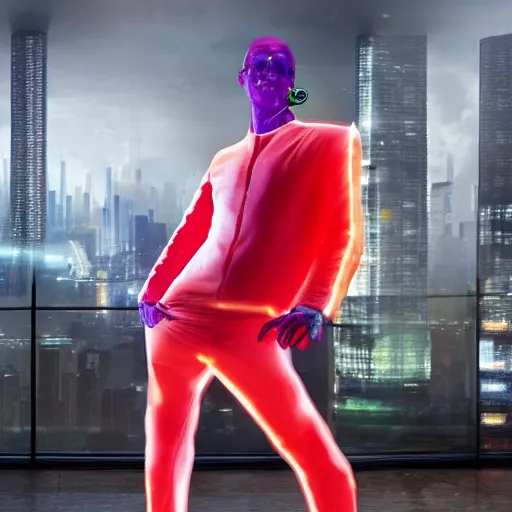 Prompt: painted by Robin Eley, a man in a neon suit stands in an empty room, his right arm and leg are cybernetic prosthetics. Outside the large floor to ceiling windows is a vast cyberpunk cityscape