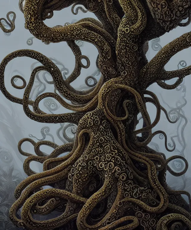 Prompt: a tree made of tentacles, fantasy, intricate, elegant, highly detailed, digital painting, artstation, concept art, matte, sharp focus, illustration, art by keith thompson and christopher lane