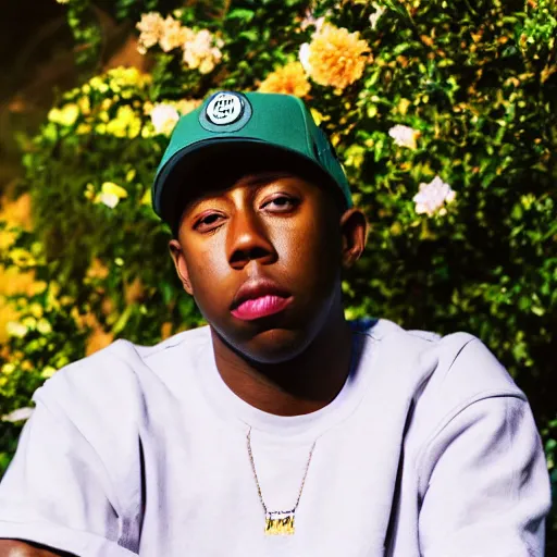 Image similar to A photo of Tyler the Creator sitting in the middle of a garden, 8K concept art, dreamy, garden, bushes, flowers, golden hour, vintage camera, detailed, UHD realistic faces, award winning photography, cinematic lighting