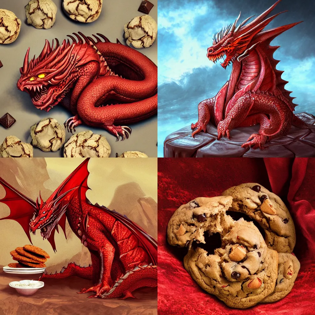 Prompt: a large red dragon curled up asleep on top of a pile of chocolate chip cookies in a cavern, detailed, trending on artstation